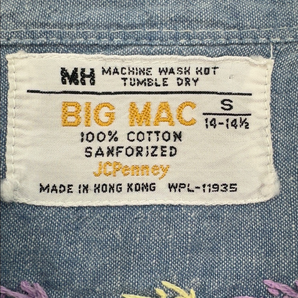 Vtg 70s BIG MAC Chambray Work Shirt Hand EmbroideredFloral HippieBoho JCPenney S - Picture 3 of 11